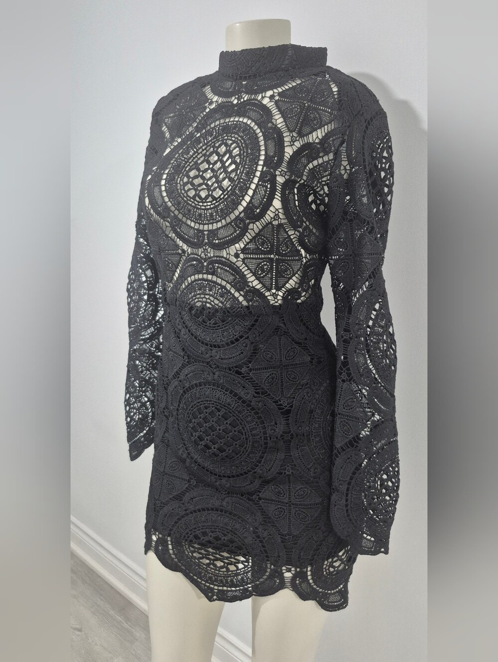 The Vintage Shop Black Crochet Lace Bodycon Dress with Back Zip - Medium